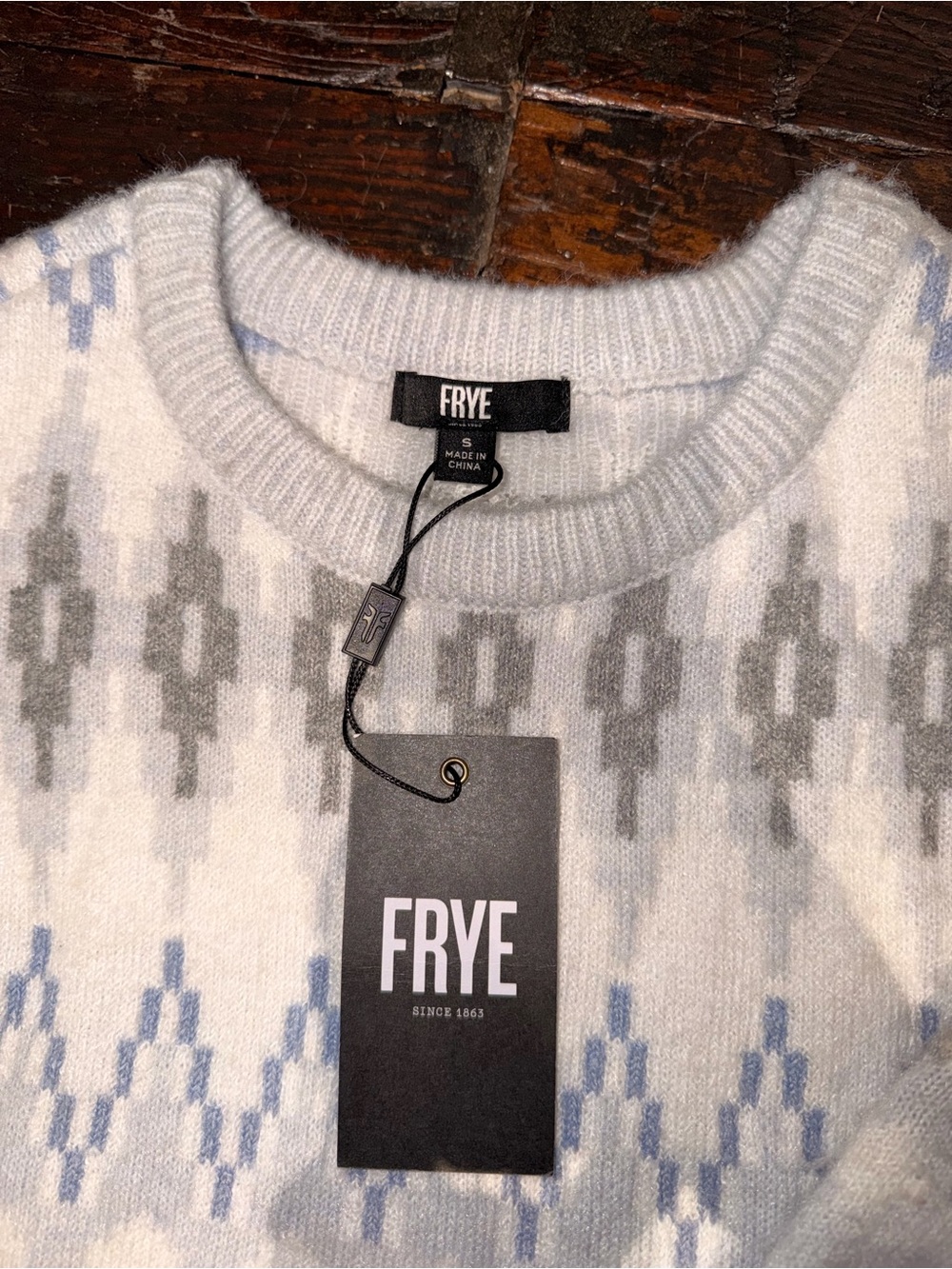 FRYE Fair Isle Nordic Crewneck Sweater Blue Gray White NWT Size S - Picture 2 of 10